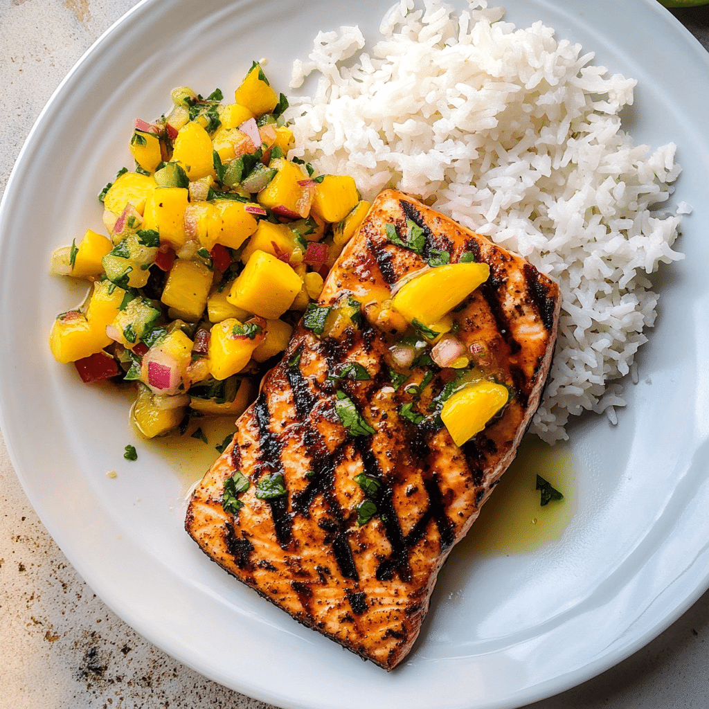 Grilled Salmon with Mango Salsa & Coconut Rice