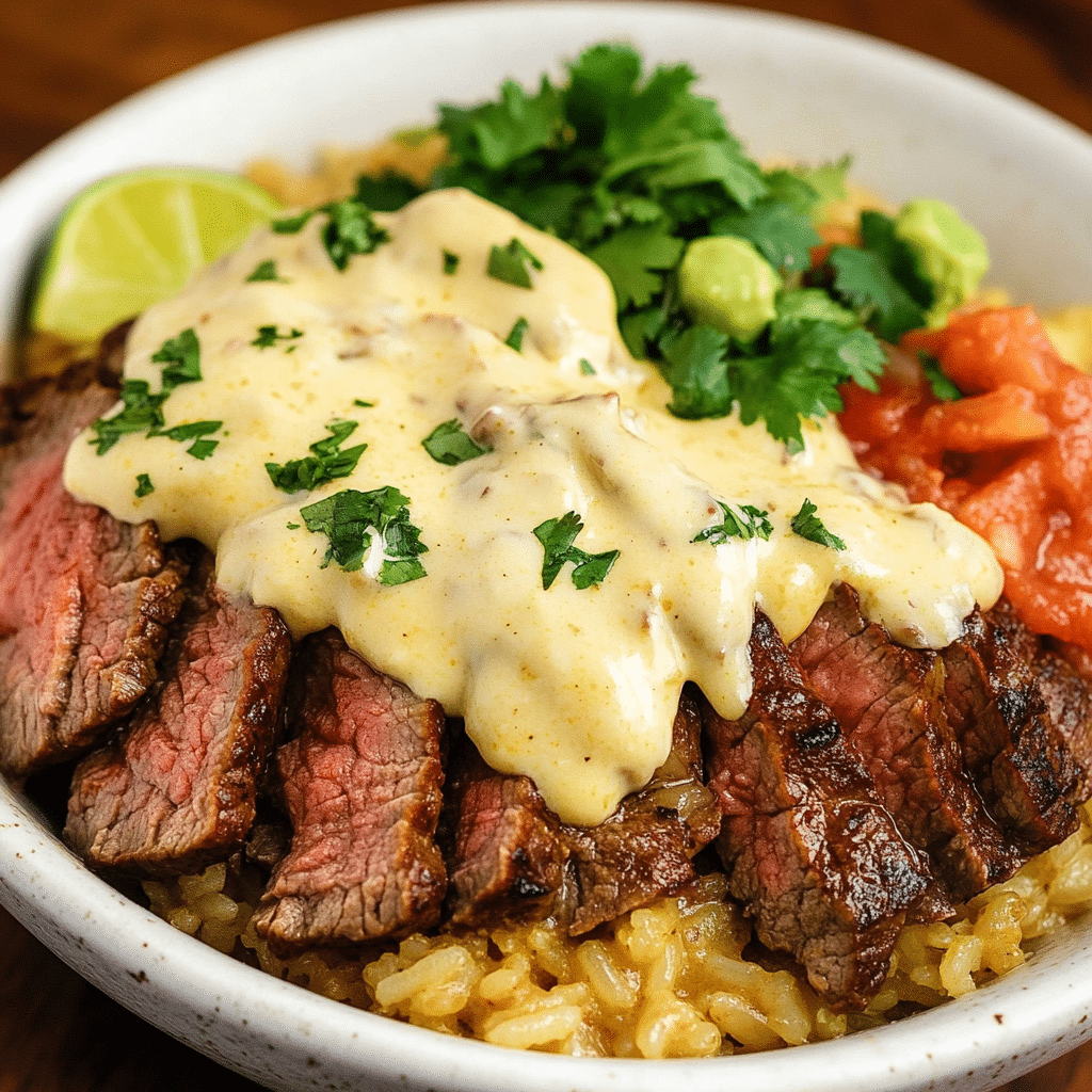 Steak & Rice Bowl with Queso Sauce