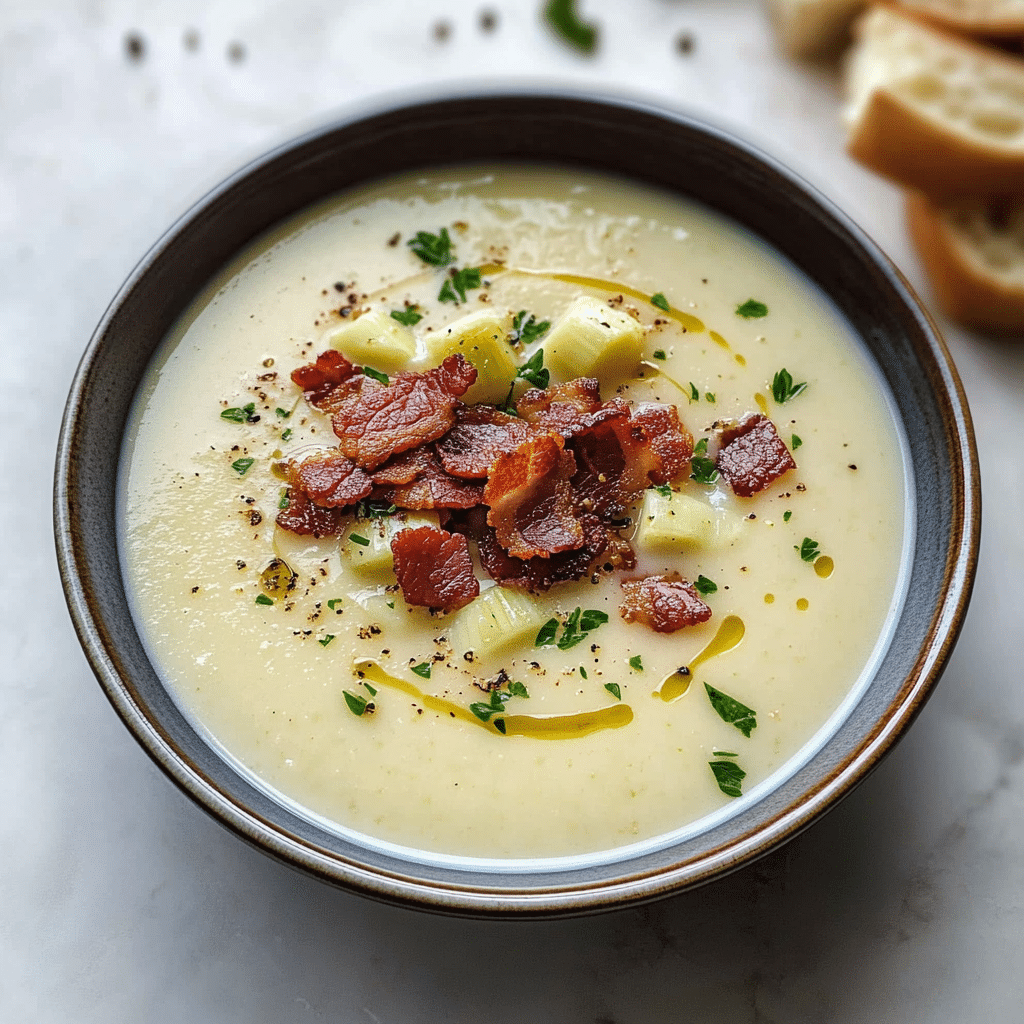 Creamy Cauliflower and Leek Soup with Crispy Bacon