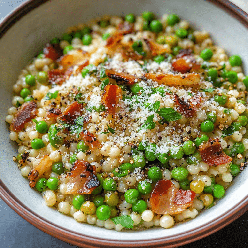 Fregola with Pancetta Peas and Parmesan