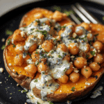 Slow Roasted Sweet Potatoes with Spicy Garlic Chickpeas and Blue Cheese Sauce Recipe