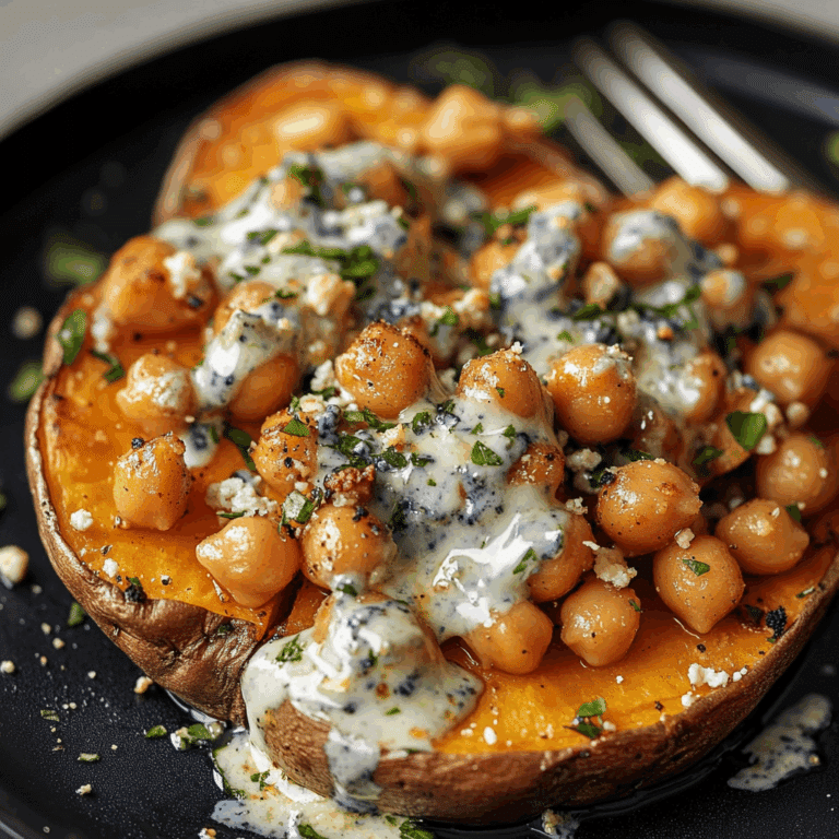 Slow Roasted Sweet Potatoes with Spicy Garlic Chickpeas and Blue Cheese Sauce Recipe
