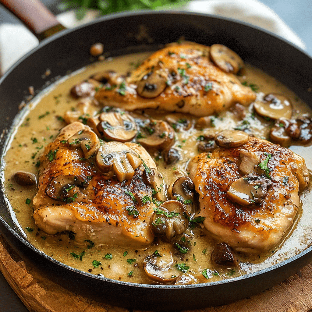 Smothered Chicken in Mushroom Wine Pan Sauce