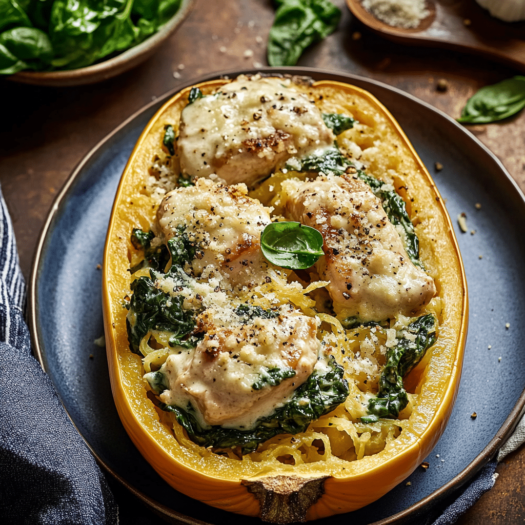 Spaghetti Squash with Creamed Spinach and Chicken