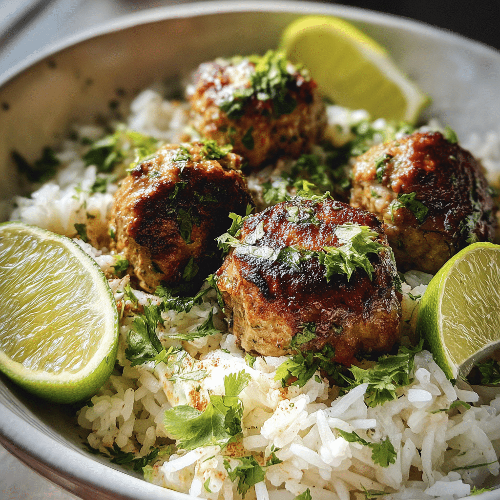 Cilantro-Lime Turkey Meatballs with Rice and Lime